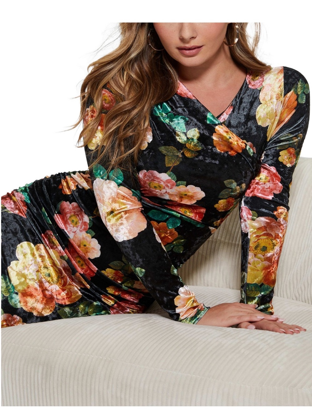 GUESS Eco Tess Peony Charm Print Long Sleeve Velvet Mini Dress--NWT--S - Picture 9 of 16